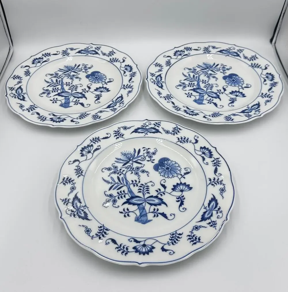 Danube 1950's Blue Onion Blue & White 3pc Dinner Plate Set Ribbon Hallmark Logo